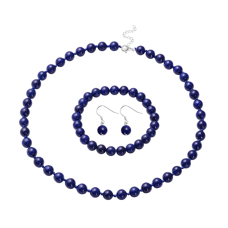 Lapis Lazuli 277.00 ctw Beaded Stretch Bracelet, Earrings and Necklace Set in Sterling Silver (18.00 In)