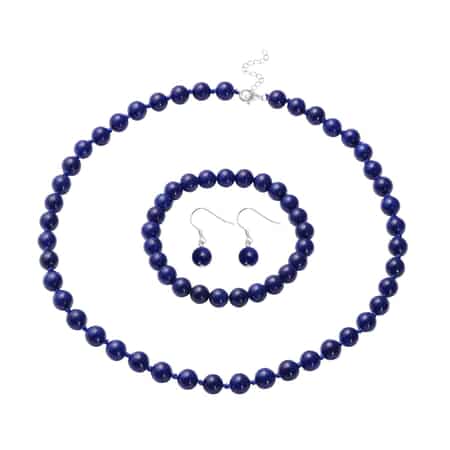 Lapis Lazuli Beaded Stretch Bracelet, Earrings and Necklace Set in Sterling Silver (18.00 In) 277.00 ctw image number 0