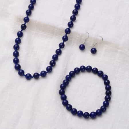 Lapis Lazuli Beaded Stretch Bracelet, Earrings and Necklace Set in Sterling Silver (18.00 In) 277.00 ctw image number 1