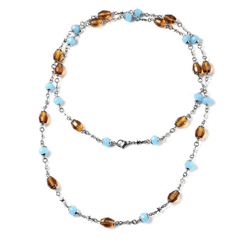 Simulated Blue and Brown Sapphire Station Necklace 36 Inches in Stainless Steel 