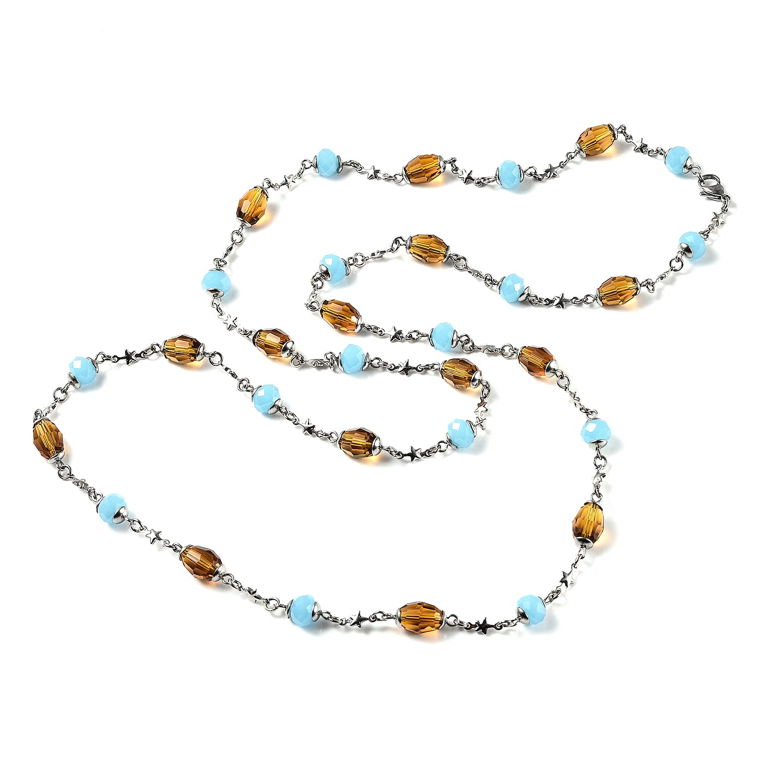 Simulated Blue and Brown Sapphire Station Necklace 36 Inches in Stainless Steel 