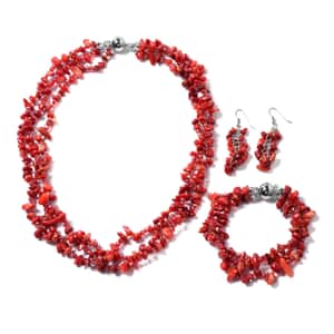 Multi Wear Coral, Seed Beaded Earrings, Multi Wear Triple Strand Bracelet (8 in) and Necklace (20.00 In) in Silvertone