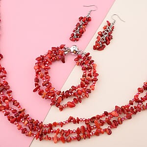 Multi Wear Coral, Seed Beaded Earrings, Multi Wear Triple Strand Bracelet (8 in) and Necklace (20.00 In) in Silvertone