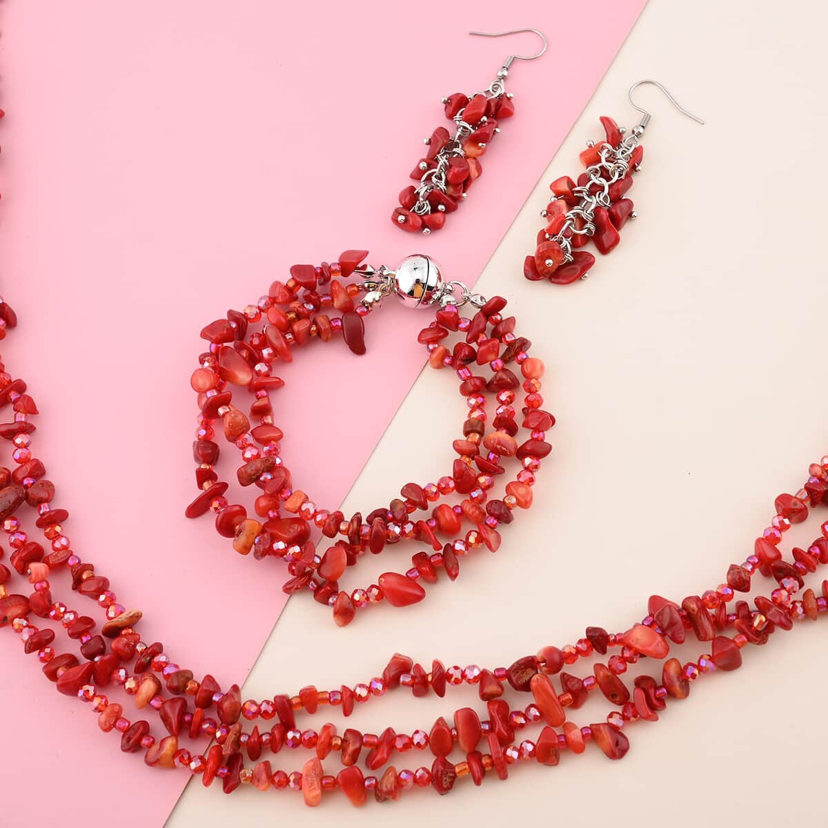 Multi Wear Coral, Seed Beaded Earrings, Multi Wear Triple Strand Bracelet (8 in) and Necklace (20.00 In) in Silvertone image number 1