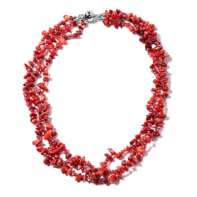Multi Wear Coral, Seed Beaded Earrings, Multi Wear Triple Strand Bracelet (8 in) and Necklace (20.00 In) in Silvertone