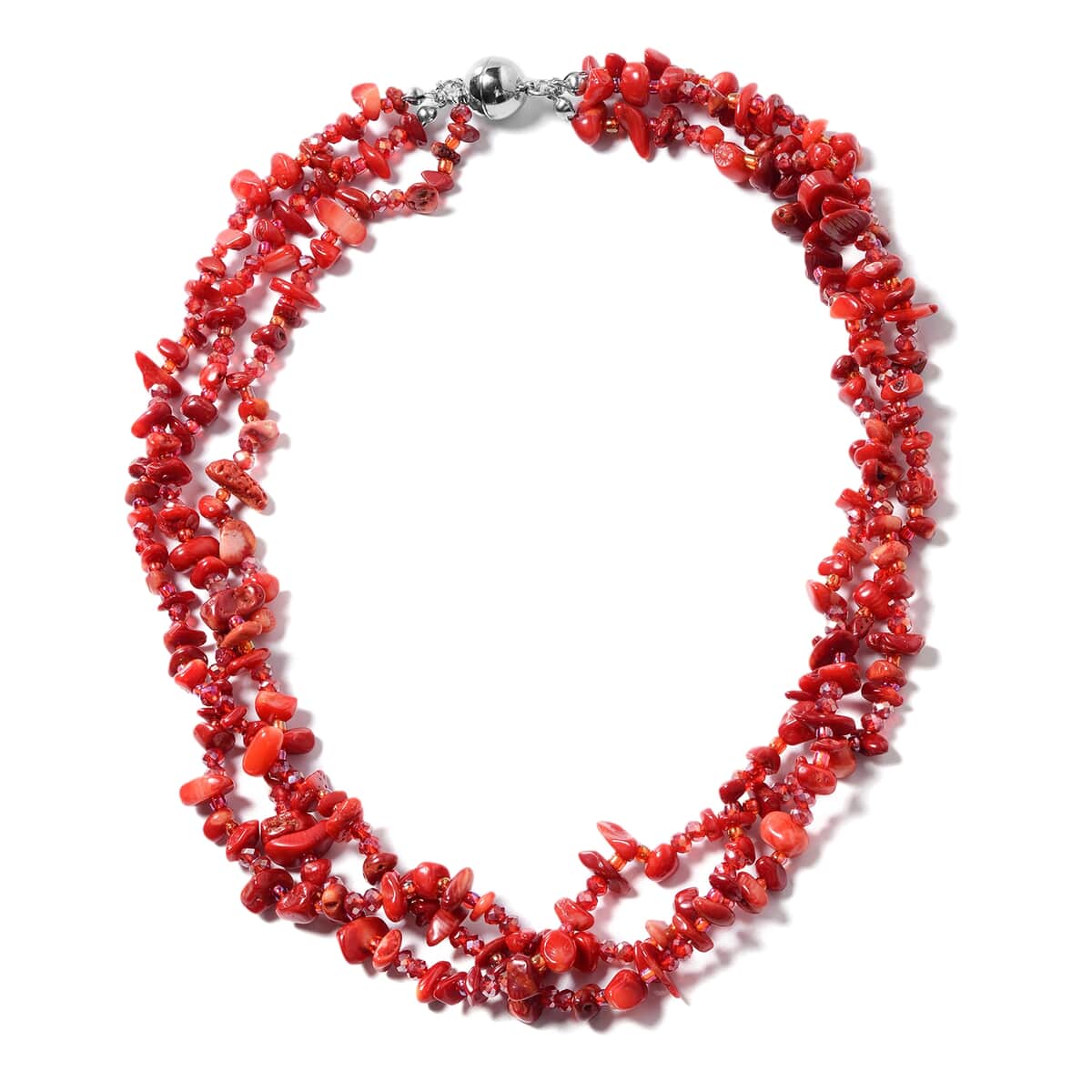 Multi Wear Coral, Seed Beaded Earrings, Multi Wear Triple Strand Bracelet (8 in) and Necklace (20.00 In) in Silvertone image number 2