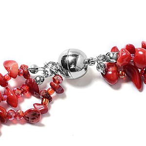 Multi Wear Coral, Seed Beaded Earrings, Multi Wear Triple Strand Bracelet (8 in) and Necklace (20.00 In) in Silvertone