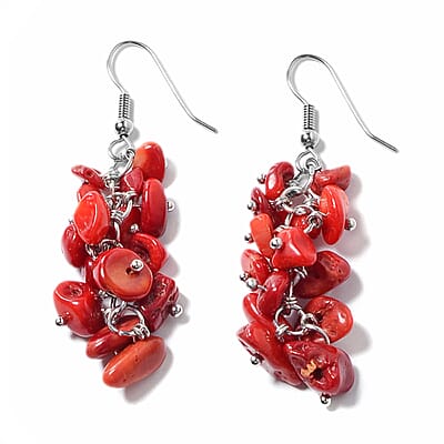 Multi Wear Coral, Seed Beaded Earrings, Multi Wear Triple Strand Bracelet (8 in) and Necklace (20.00 In) in Silvertone