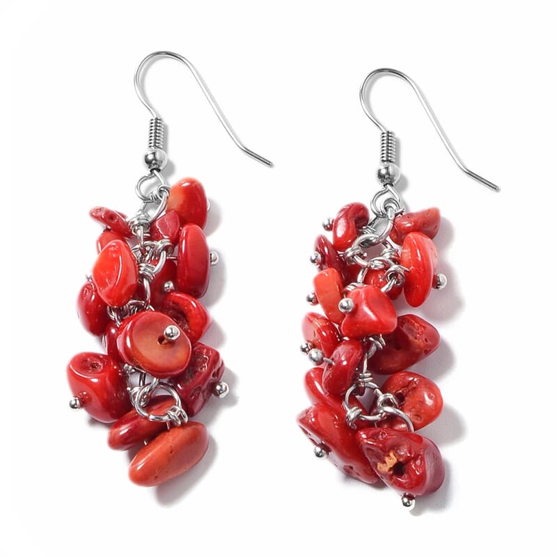 Multi Wear Coral, Seed Beaded Earrings, Multi Wear Triple Strand Bracelet (8 in) and Necklace (20.00 In) in Silvertone