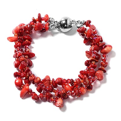 Multi Wear Coral, Seed Beaded Earrings, Multi Wear Triple Strand Bracelet (8 in) and Necklace (20.00 In) in Silvertone