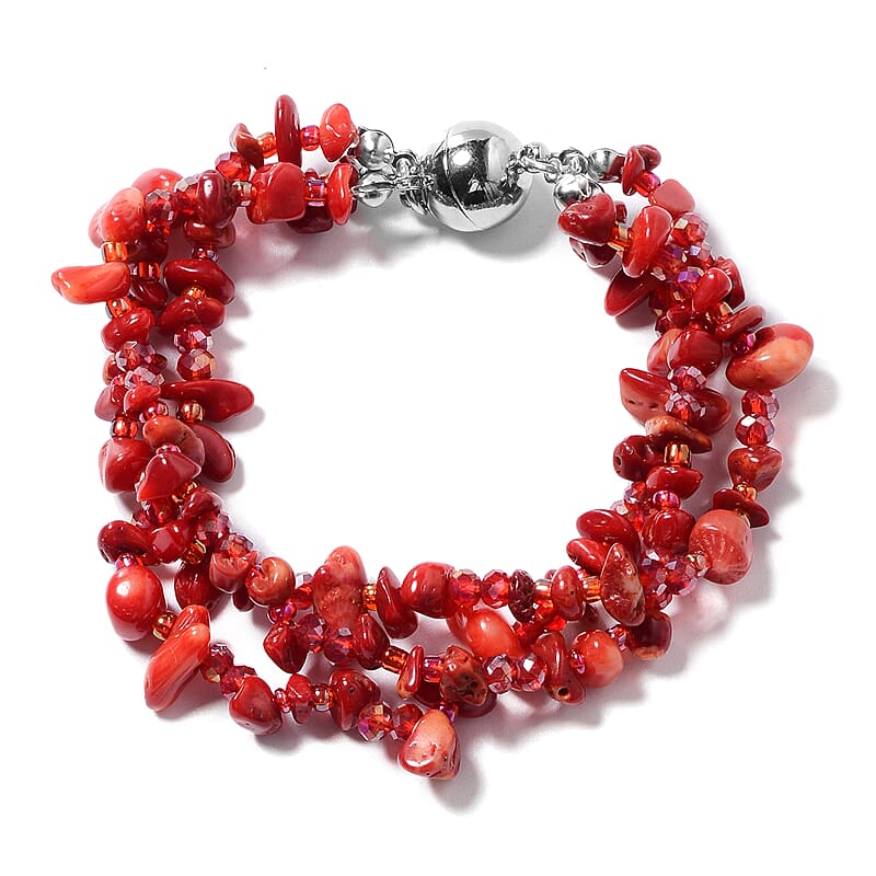 Multi Wear Coral, Seed Beaded Earrings, Multi Wear Triple Strand Bracelet (8 in) and Necklace (20.00 In) in Silvertone
