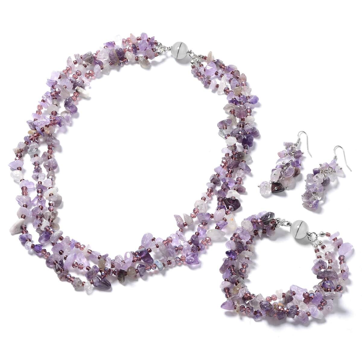 Multi Wear Amethyst, Seed Beaded Earrings, Triple Strand Magnetic Clasp Bracelet (8 In) and Necklace (20.00 In) in Silvertone 466.50 ctw image number 0