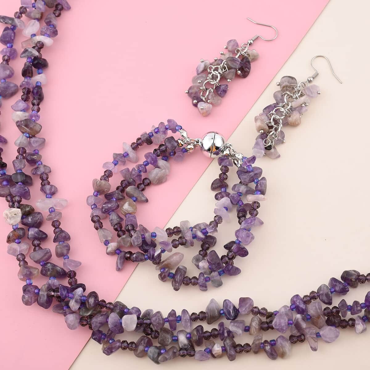 Multi Wear Amethyst, Seed Beaded Earrings, Triple Strand Magnetic Clasp Bracelet (8 In) and Necklace (20.00 In) in Silvertone 466.50 ctw image number 1