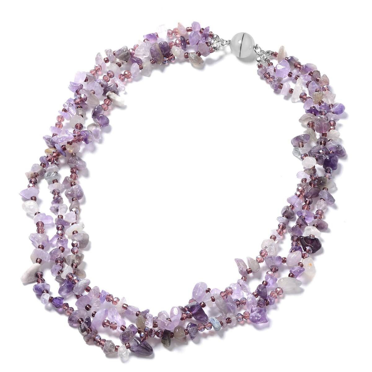 Multi Wear Amethyst, Seed Beaded Earrings, Triple Strand Magnetic Clasp Bracelet (8 In) and Necklace (20.00 In) in Silvertone 466.50 ctw image number 2