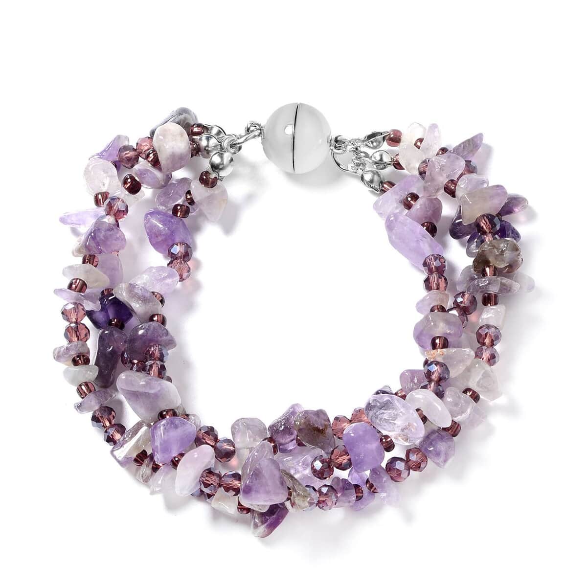 Multi Wear Amethyst, Seed Beaded Earrings, Triple Strand Magnetic Clasp Bracelet (8 In) and Necklace (20.00 In) in Silvertone 466.50 ctw image number 4