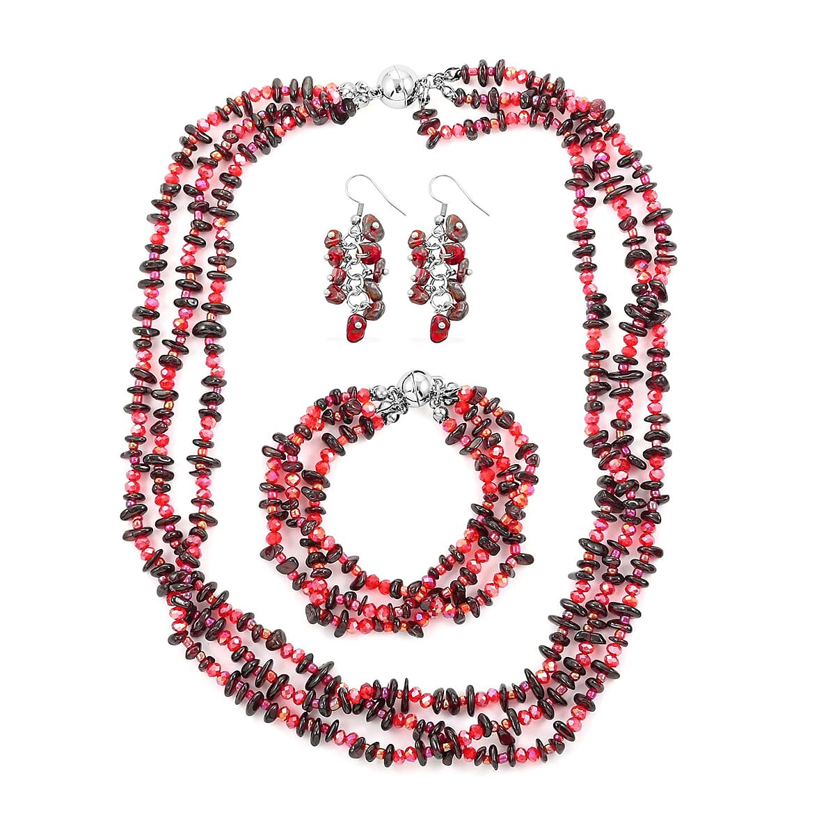 Shop LC Multi Wear Indian Garnet, Seed Bead Earrings, Triple Strand Magnetic Clasp Bracelet 8 in and Magnetic Clasp Necklace 20 in in Silvertone 404.50 CTW 