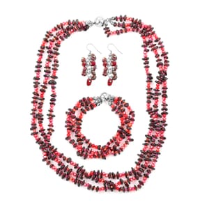 Multi Wear Indian Garnet, Seed Bead Earrings, Triple Strand Magnetic Clasp Bracelet 8 In and Magnetic Clasp Necklace 20 In in Silvertone 404.50 ctw