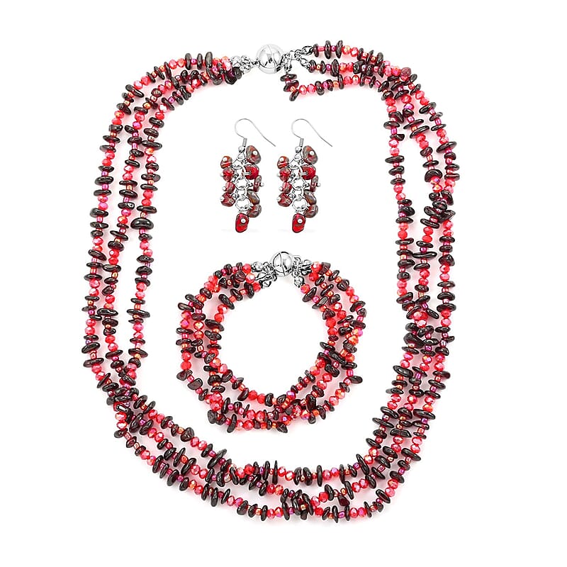 Multi Wear Indian Garnet, Seed Bead Earrings, Triple Strand Magnetic Clasp Bracelet 8 In and Magnetic Clasp Necklace 20 In in Silvertone 404.50 ctw