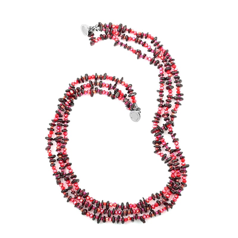 Multi Wear Indian Garnet, Seed Bead Earrings, Triple Strand Magnetic Clasp Bracelet 8 In and Magnetic Clasp Necklace 20 In in Silvertone 404.50 ctw
