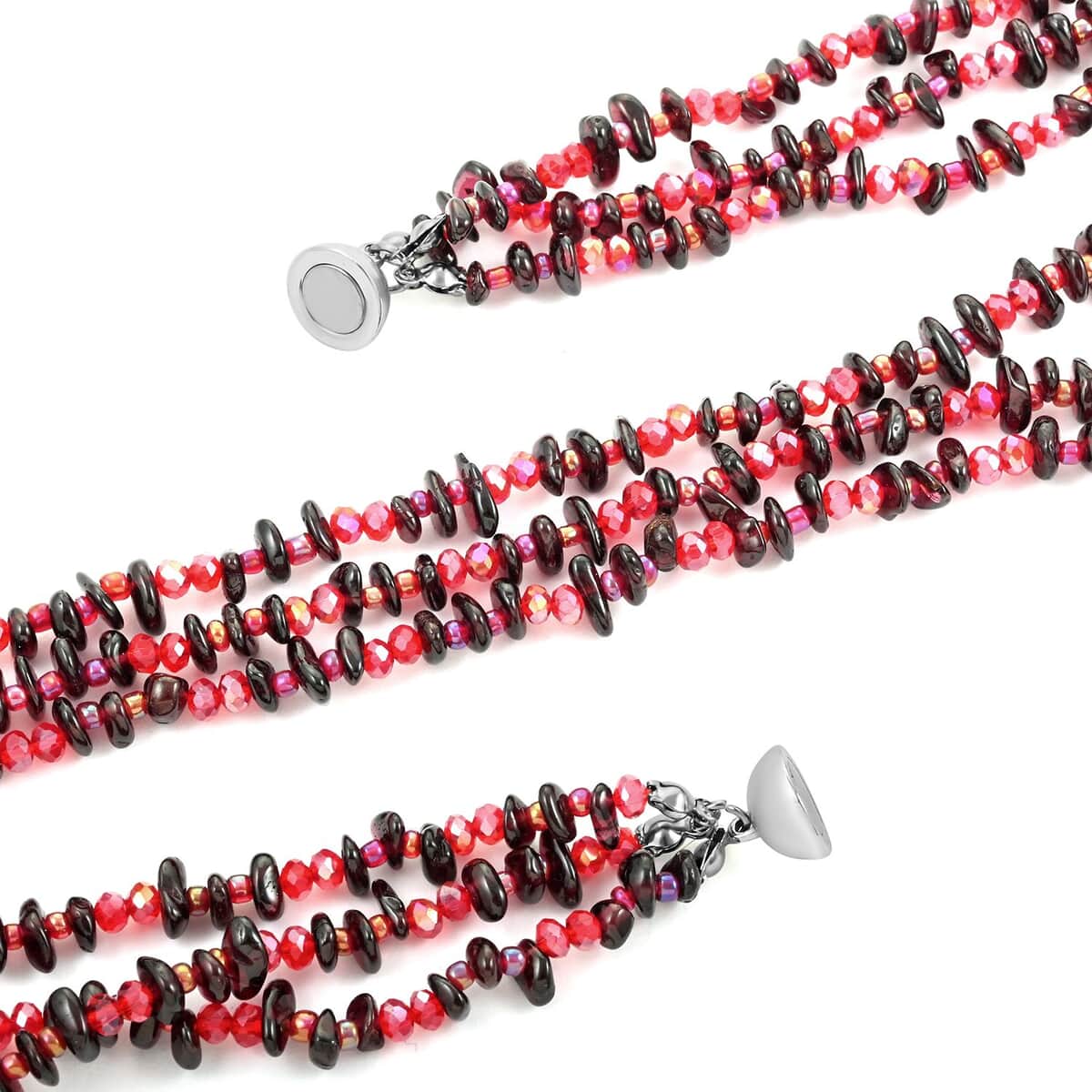 Multi Wear Indian Garnet, Seed Bead Earrings, Triple Strand Magnetic Clasp Bracelet 8 In and Magnetic Clasp Necklace 20 In in Silvertone 404.50 ctw image number 3