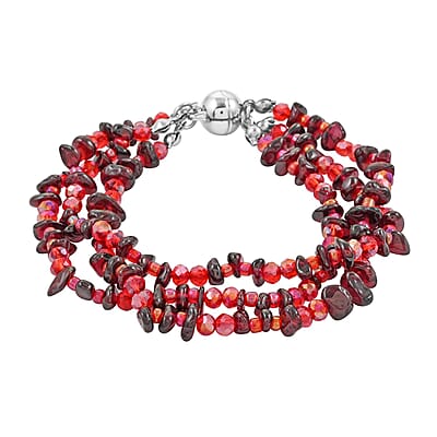 Multi Wear Indian Garnet, Seed Bead Earrings, Triple Strand Magnetic Clasp Bracelet 8 In and Magnetic Clasp Necklace 20 In in Silvertone 404.50 ctw