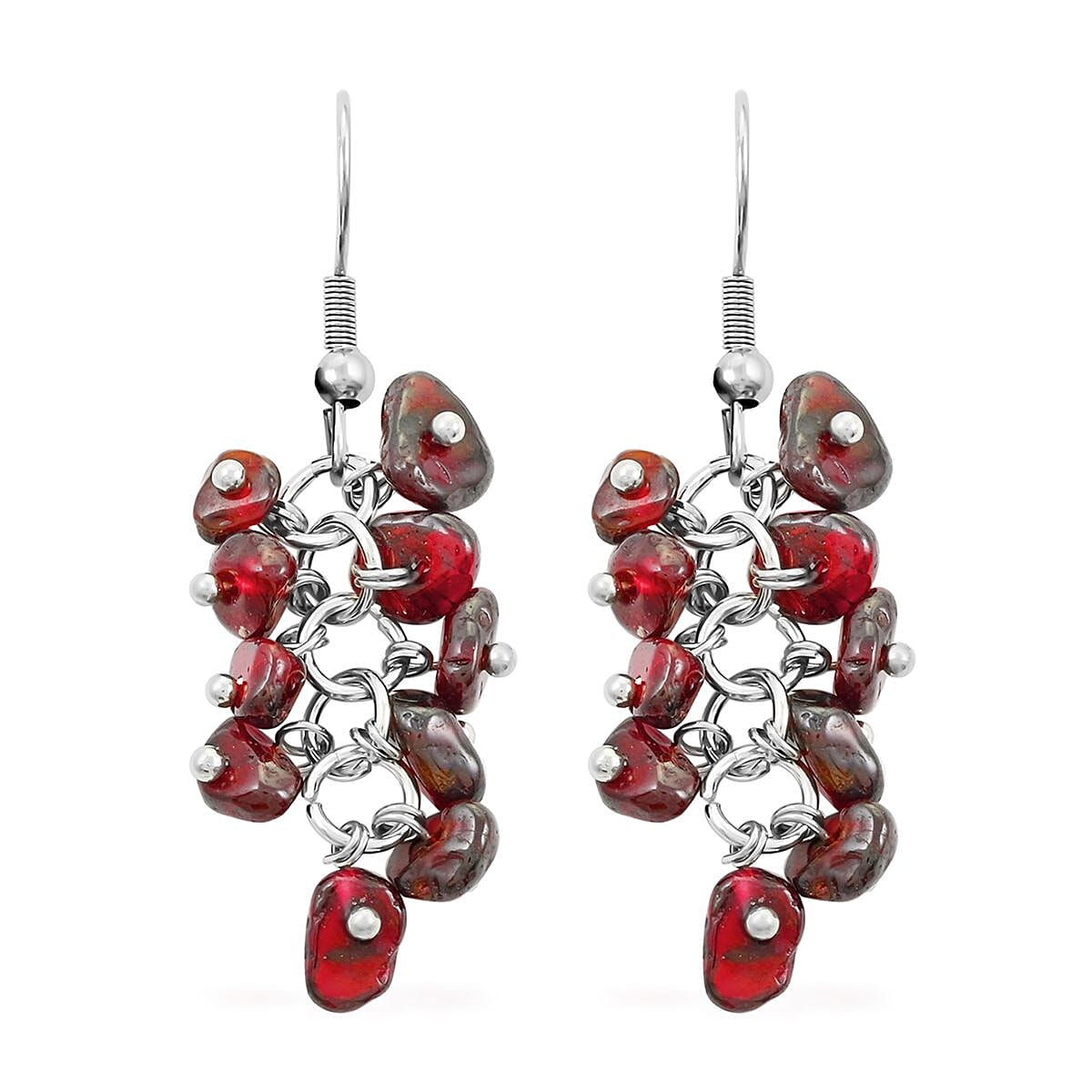 Multi Wear Indian Garnet, Seed Bead Earrings, Triple Strand Magnetic Clasp Bracelet 8 In and Magnetic Clasp Necklace 20 In in Silvertone 404.50 ctw