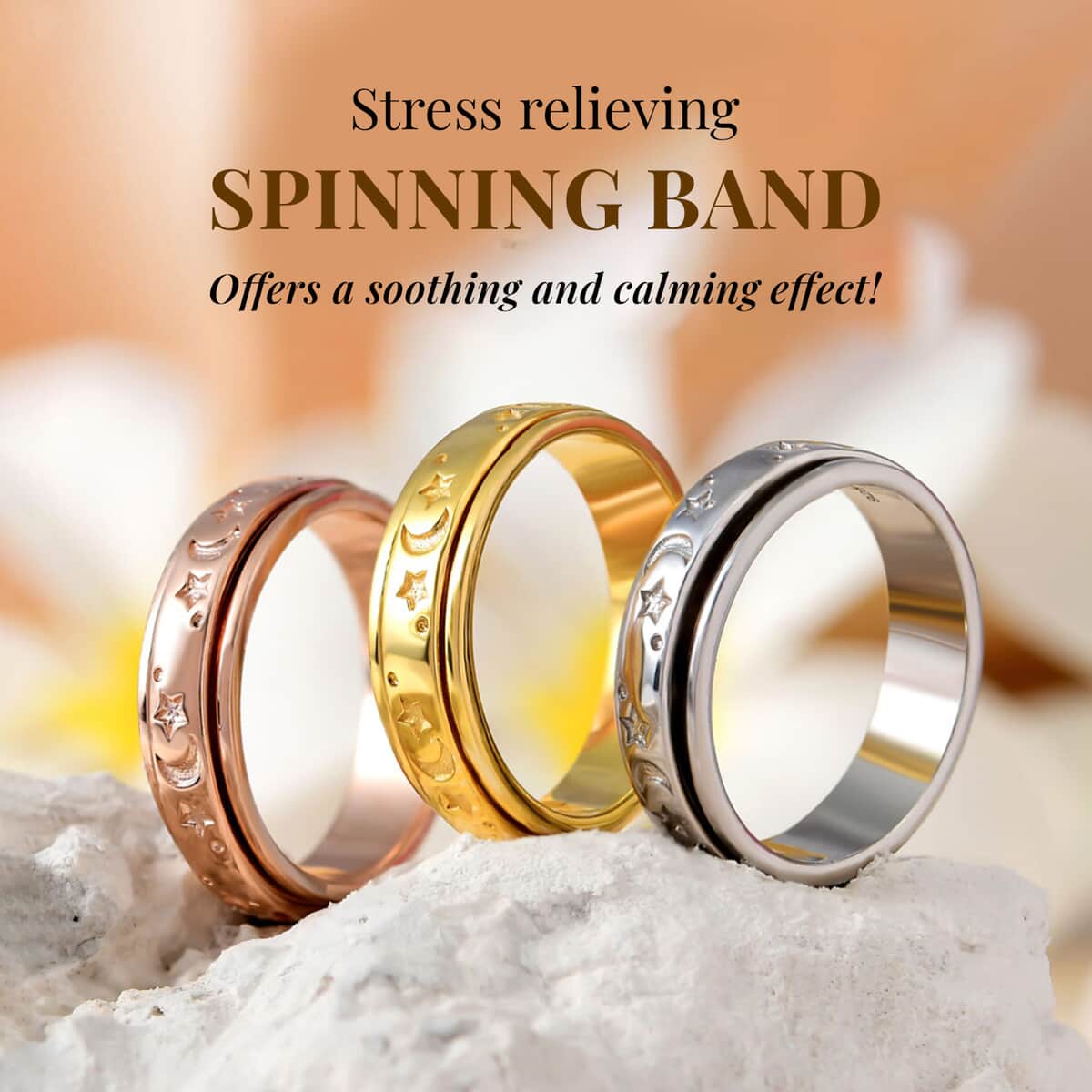 Moon star Fidget Spinner Ring for Anxiety, Spinner Ring in Vermeil Platinum Over Sterling Silver, Anxiety Ring for Women, Fidget Rings for Anxiety, Stress Relieving Anxiety Ring 4.50 Grams image number 2