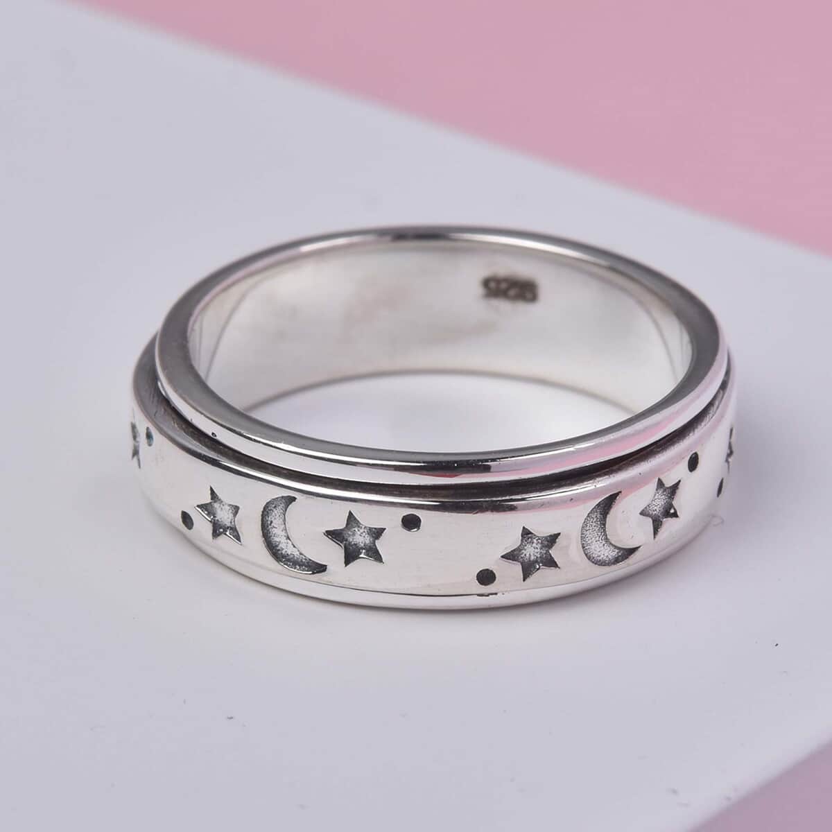 Moon star Fidget Spinner Ring for Anxiety, Spinner Ring in Platinum Over Sterling Silver, Anxiety Ring for Women, Fidget Rings for Anxiety 4.50 Grams (Size 5.00) image number 7