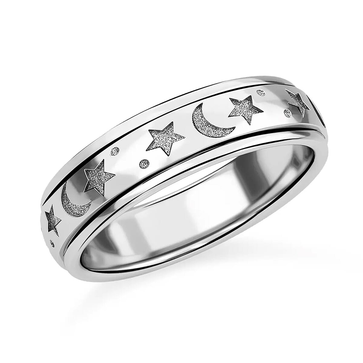 Moon star Fidget Spinner Ring for Anxiety in Platinum Over Sterling Silver 4.50 Grams image number 0