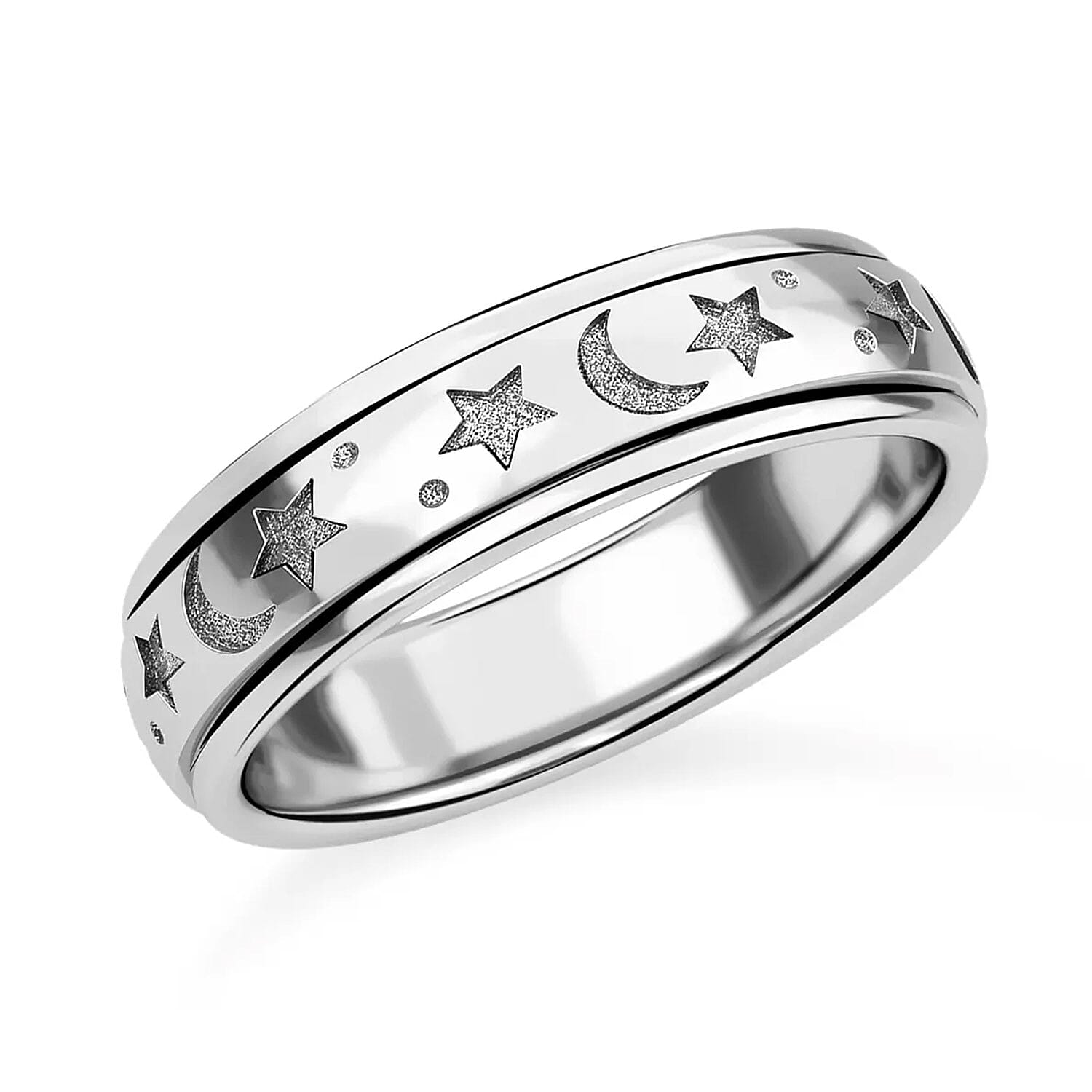 Moon star Fidget Spinner Ring for Anxiety in Platinum Over Sterling Silver 4.50 Grams