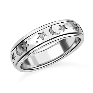 Moon star Fidget Spinner Ring for Anxiety in Platinum Over Sterling Silver 4.50 Grams
