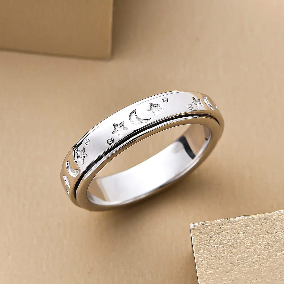 Moon star Fidget Spinner Ring for Anxiety in Platinum Over Sterling Silver 4.50 Grams image number 1