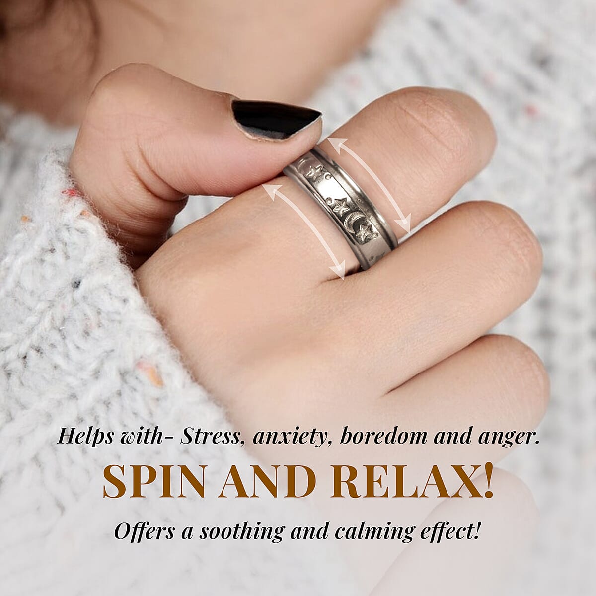 Moon star Fidget Spinner Ring for Anxiety in Platinum Over Sterling Silver 4.50 Grams image number 3
