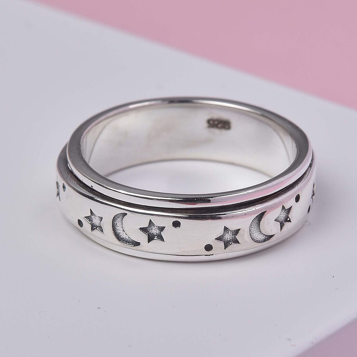 Moon star Fidget Spinner Ring for Anxiety in Platinum Over Sterling Silver 4.50 Grams image number 7