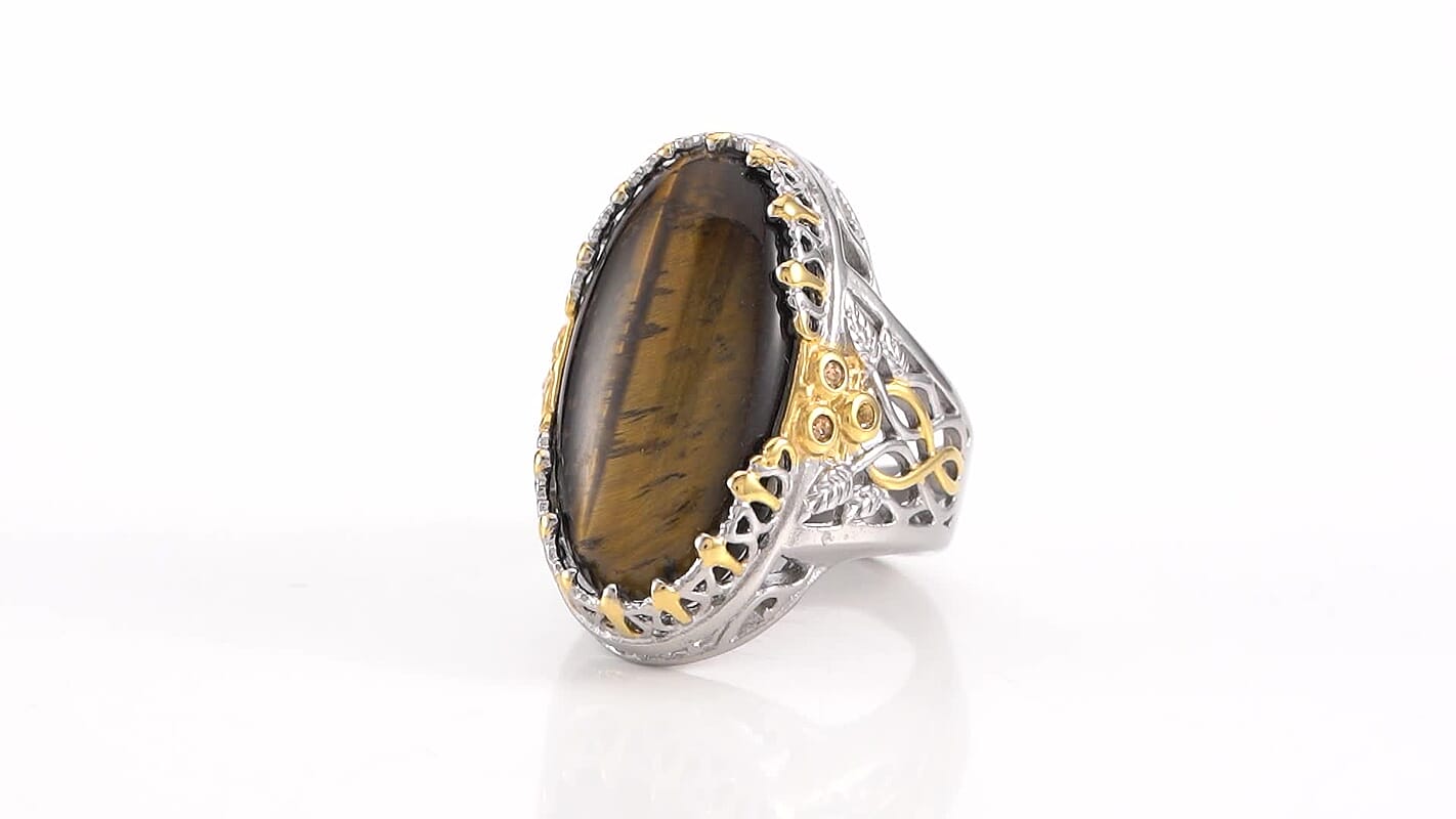 South African Tigers Eye and Champagne Color Austrian Crystal Ring in ION Plated Yellow Gold & Stainless Steel 30.00 ctw