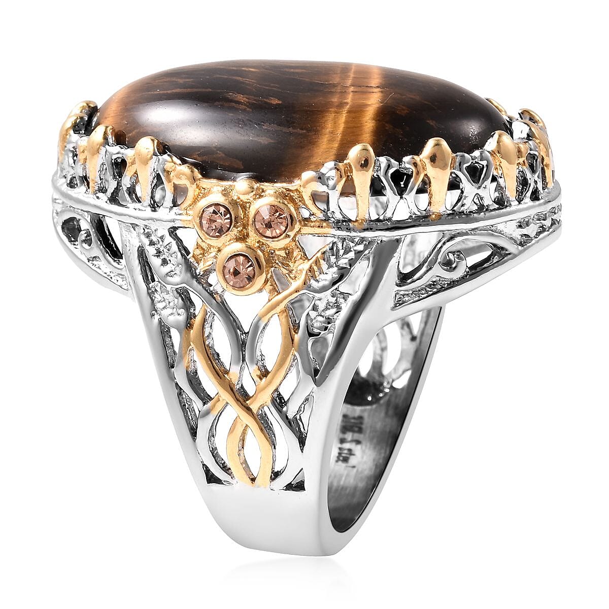 Tiger's Eye and Champagne Color Austrian Crystal 30.00 ctw Ring in ION Plated Yellow Gold & Stainless Steel (Size 6.0)
