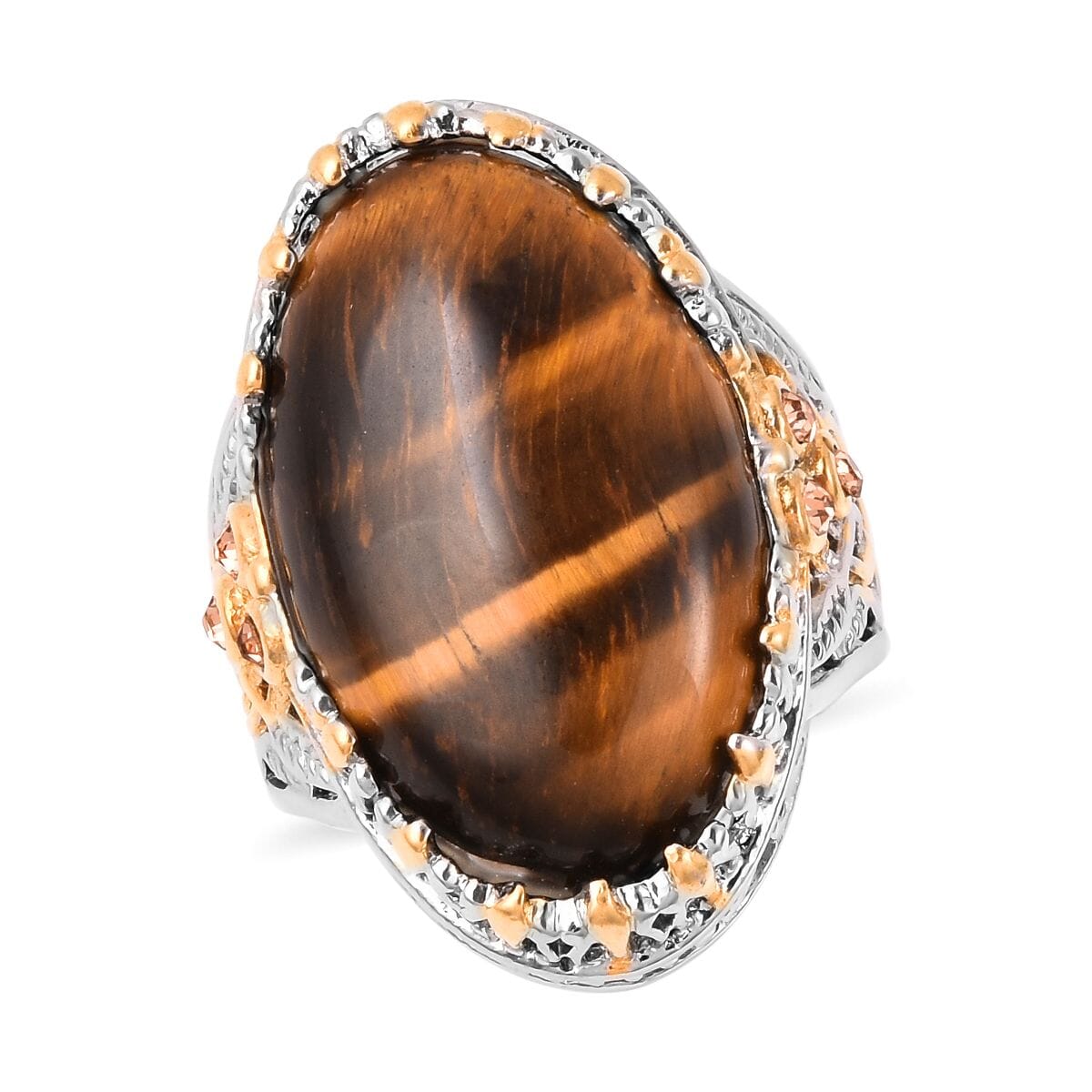 Tiger's Eye and Champagne Color Austrian Crystal 30.00 ctw Ring in ION Plated Yellow Gold & Stainless Steel (Size 7.0) image number 0