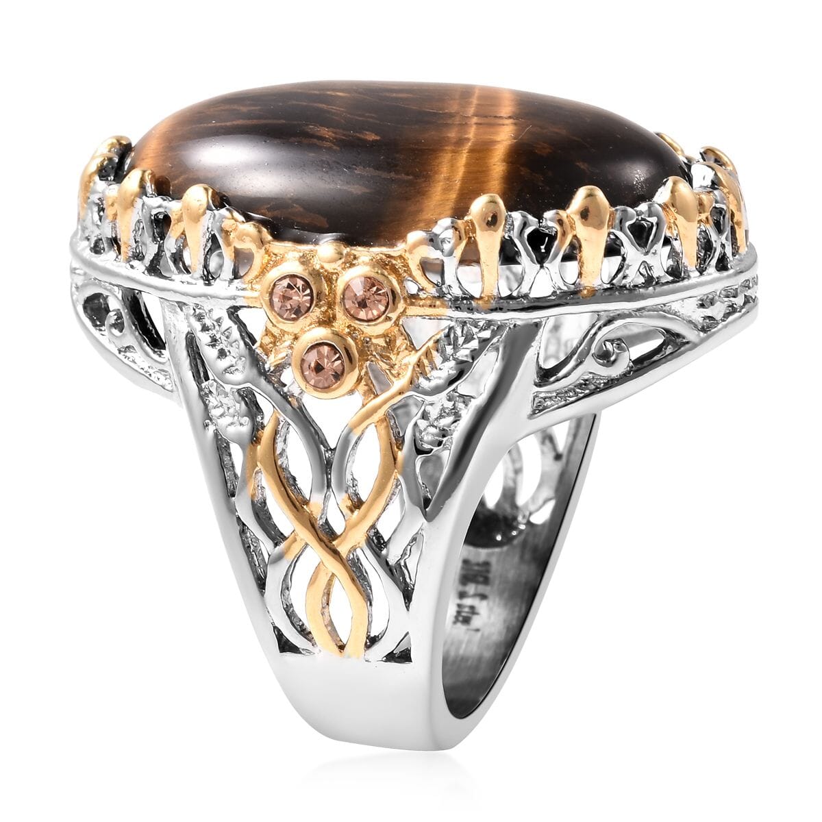 Tiger's Eye and Champagne Color Austrian Crystal 30.00 ctw Ring in ION Plated Yellow Gold & Stainless Steel (Size 7.0) image number 2