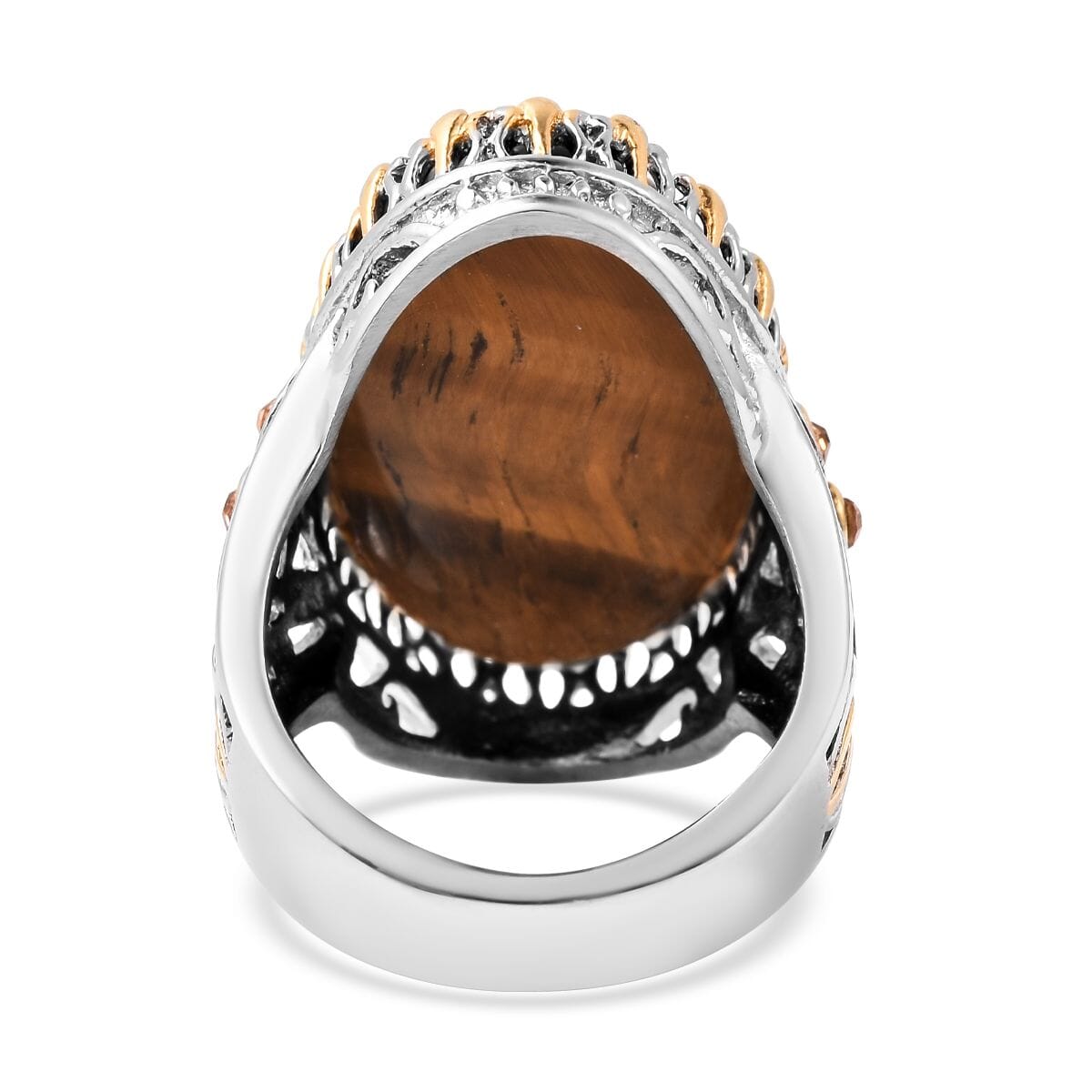 Tiger's Eye and Champagne Color Austrian Crystal 30 ctw Ring in ION Plated Yellow Gold & Stainless Steel (Size 9.0) image number 3