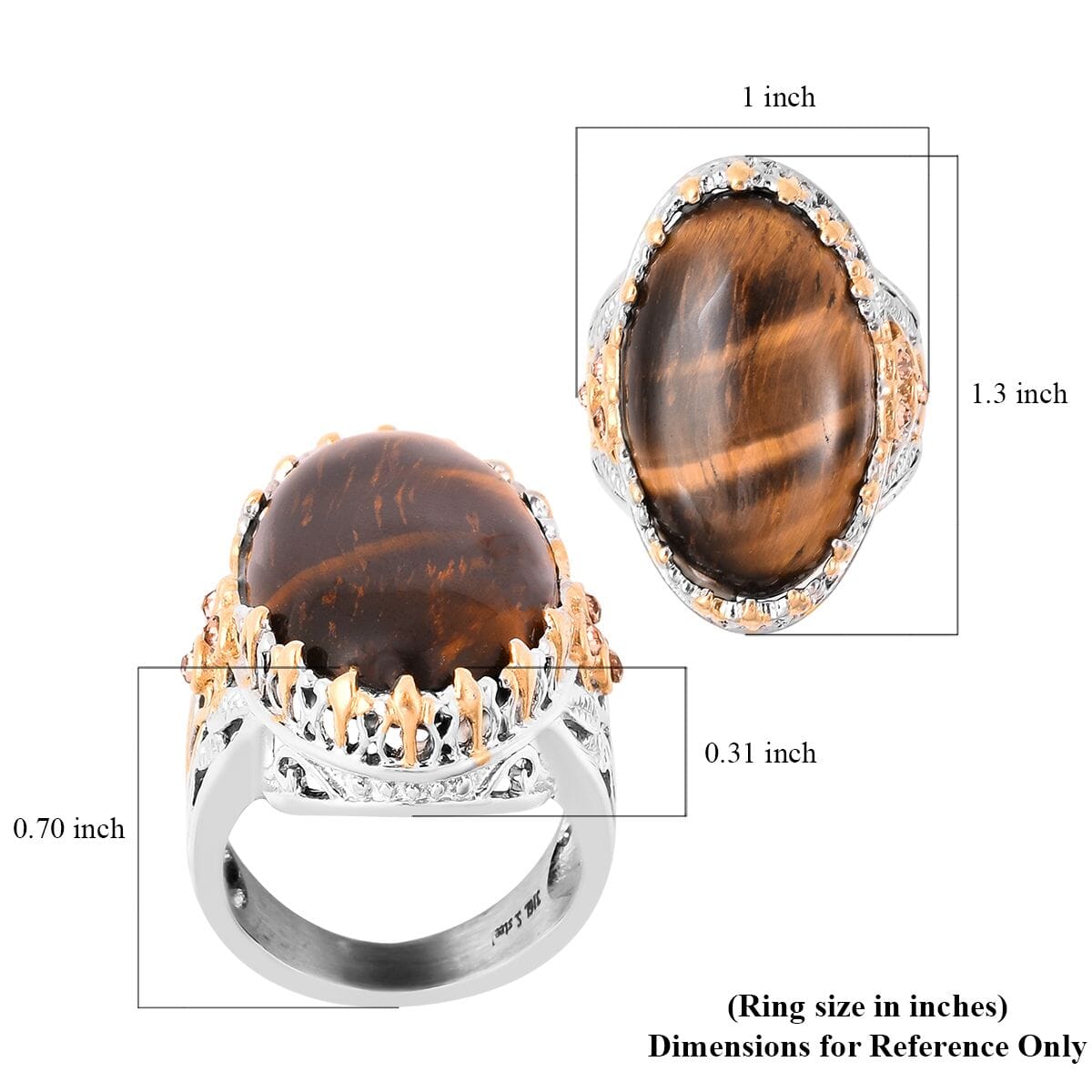 Tiger's Eye and Champagne Color Austrian Crystal 30 ctw Ring in ION Plated Yellow Gold & Stainless Steel (Size 9.0) image number 4