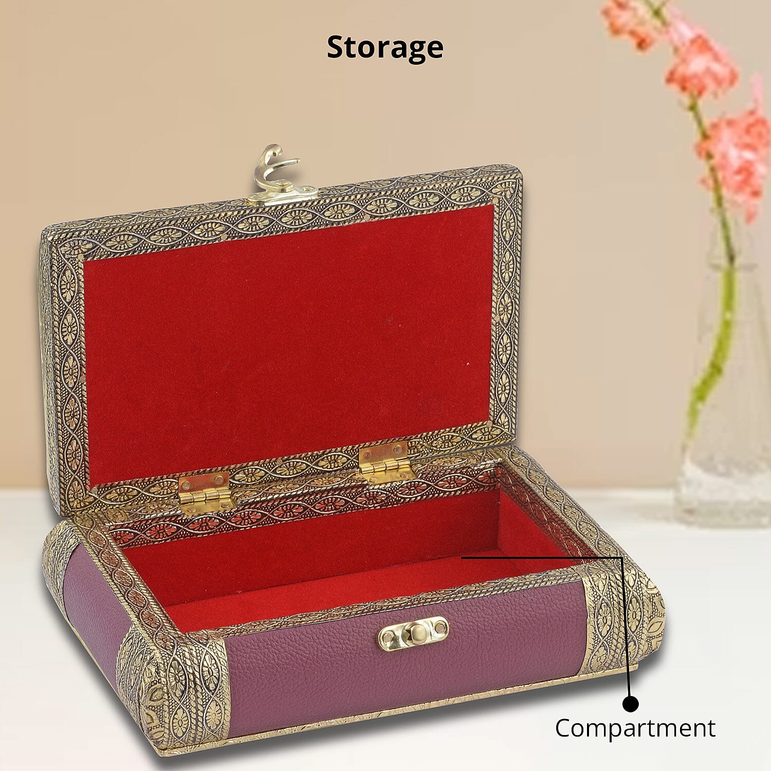Burgundy Faux Leather Oxidized Jewelry Box with Scratch Protection Interior | Jewelry Storage Box for Women | Travel Jewelry Case | Jewelry Organizer