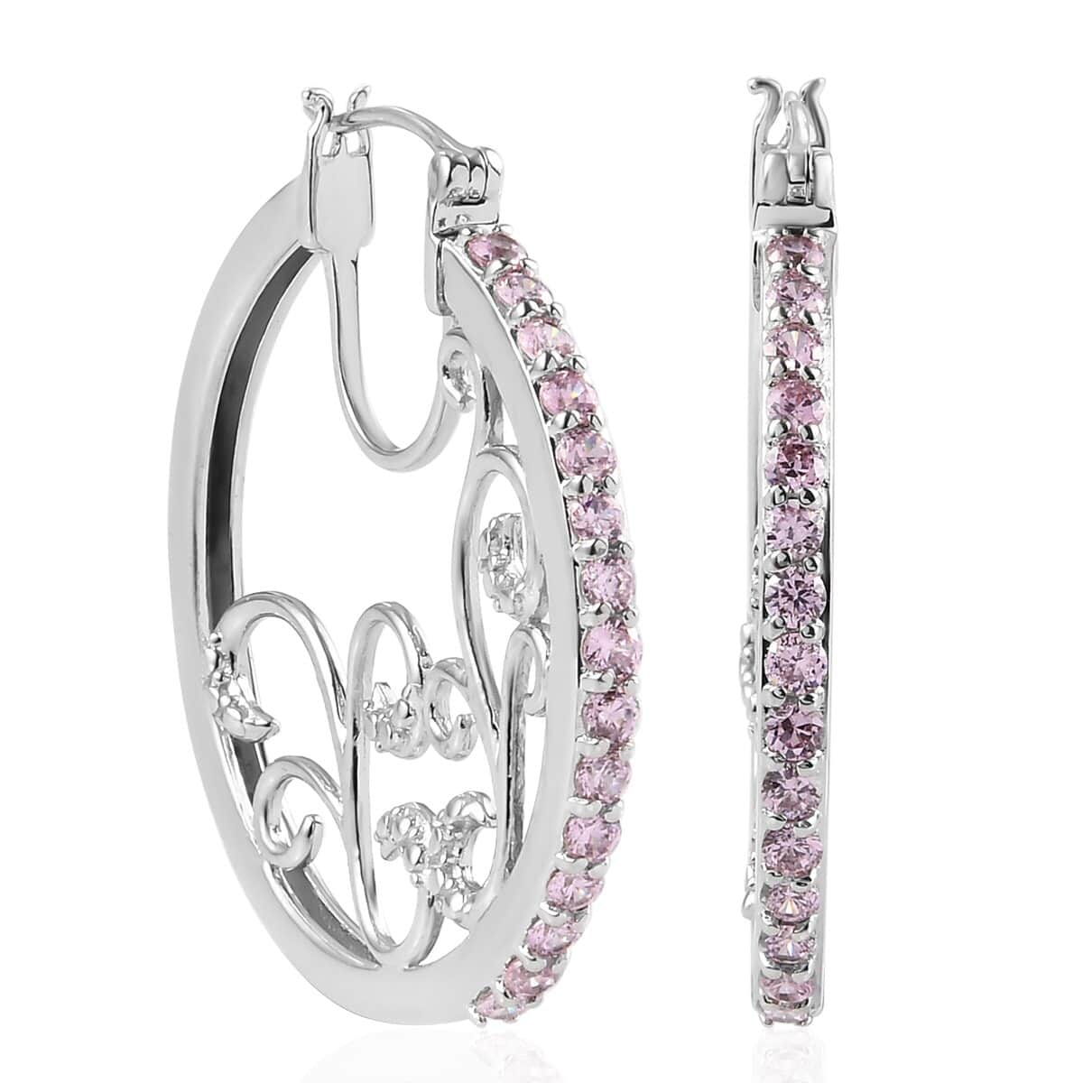 KARIS Simulated Pink Diamond Hoop Earrings in Platinum Bond 3.75 ctw image number 0