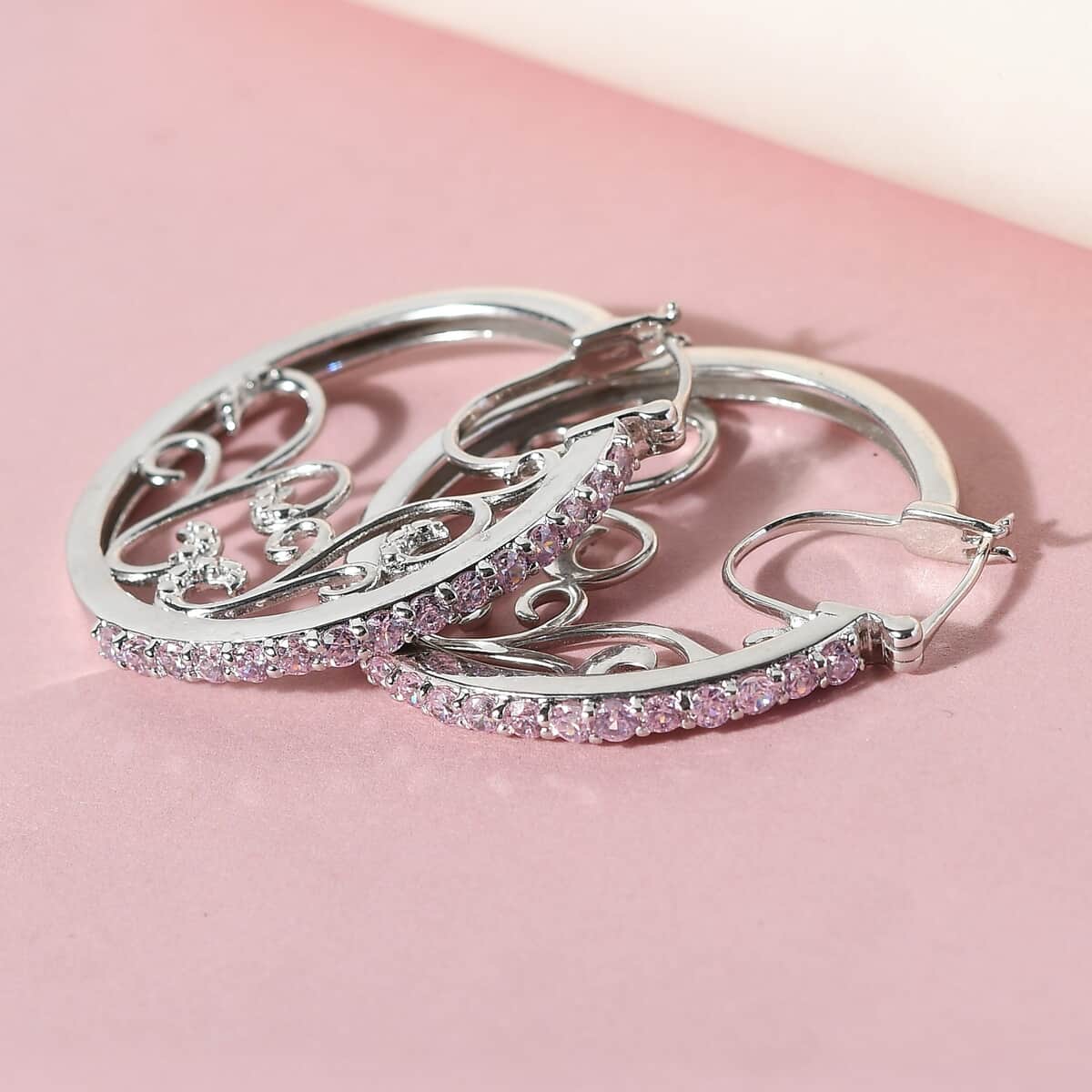 KARIS Simulated Pink Diamond Hoop Earrings in Platinum Bond 3.75 ctw image number 1