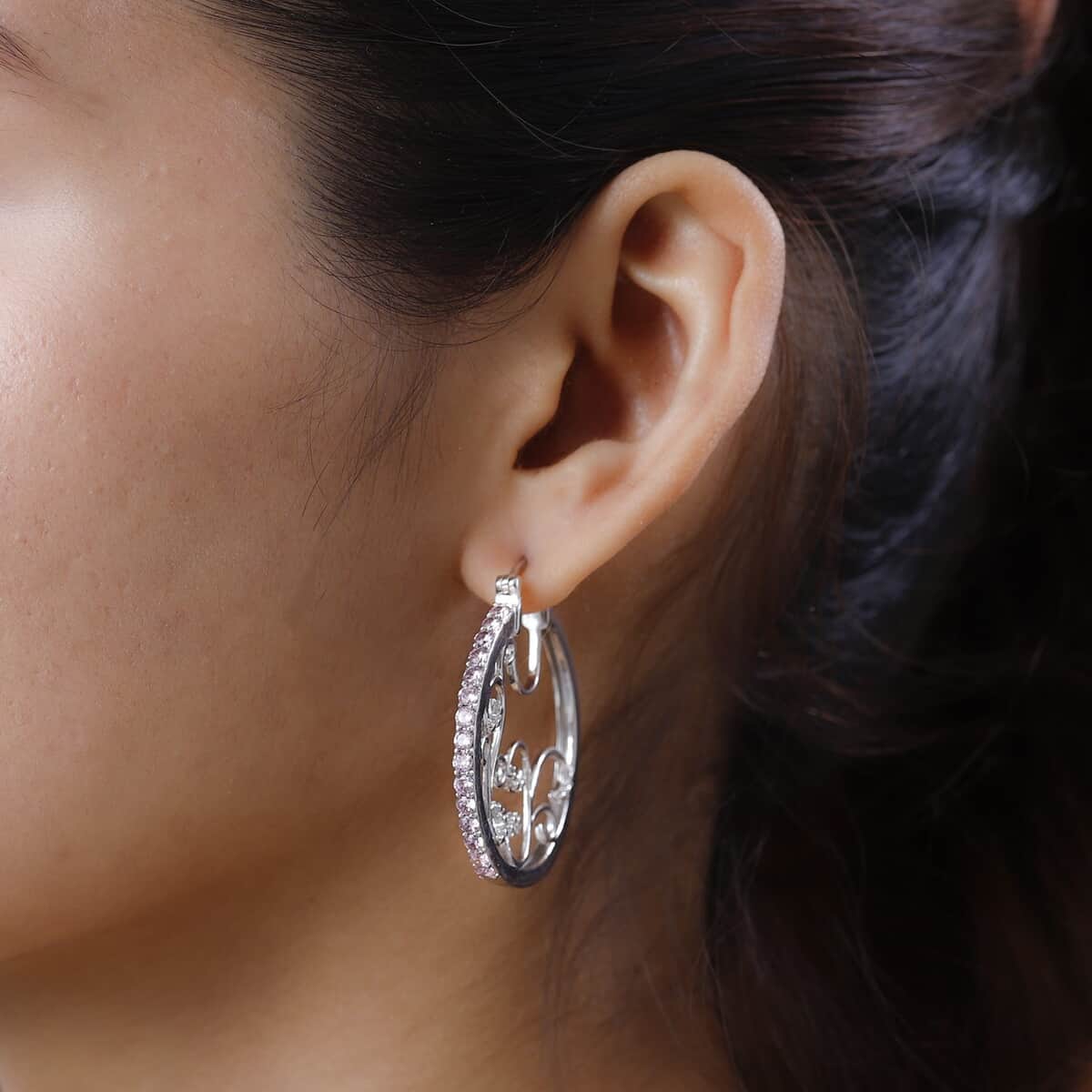KARIS Simulated Pink Diamond Hoop Earrings in Platinum Bond 3.75 ctw image number 3