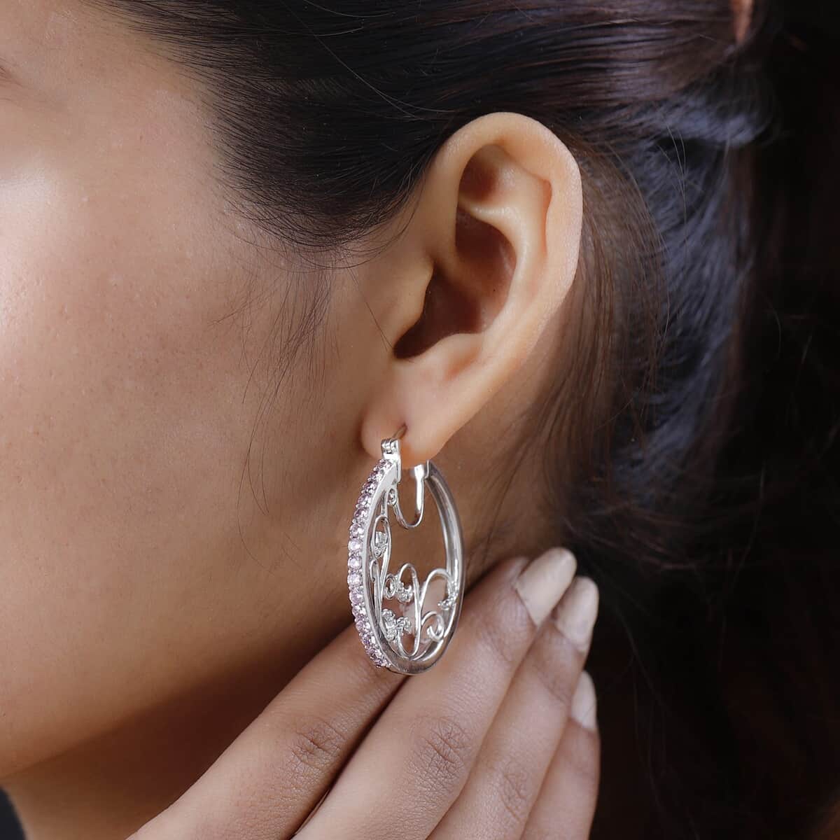 KARIS Simulated Pink Diamond Hoop Earrings in Platinum Bond 3.75 ctw image number 4