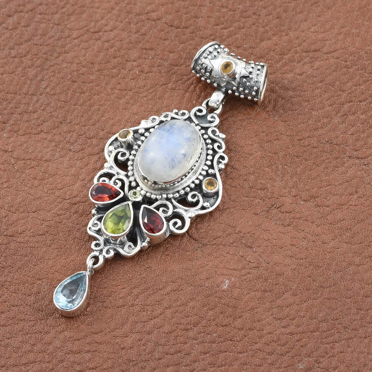 Artisan Crafted Kuisa Rainbow Moonstone and Multi Gemstone Pendant in Sterling Silver 10.30 ctw image number 1