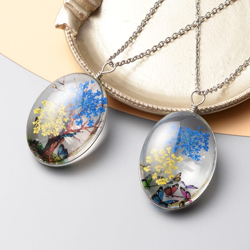 Set of 2 Pressed Flowers, Butterfly and Tree Pendant Necklace 24 Inches in Silvertone and Stainless Steel