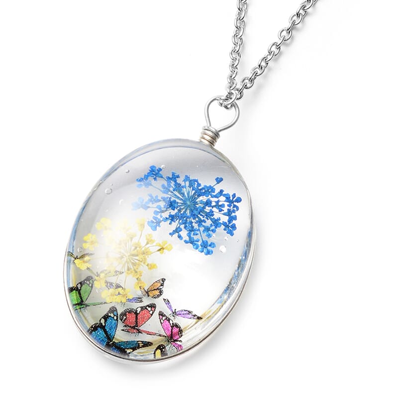 Set of 2 Pressed Flowers, Butterfly and Tree Pendant Necklace 24 Inches in Silvertone and Stainless Steel