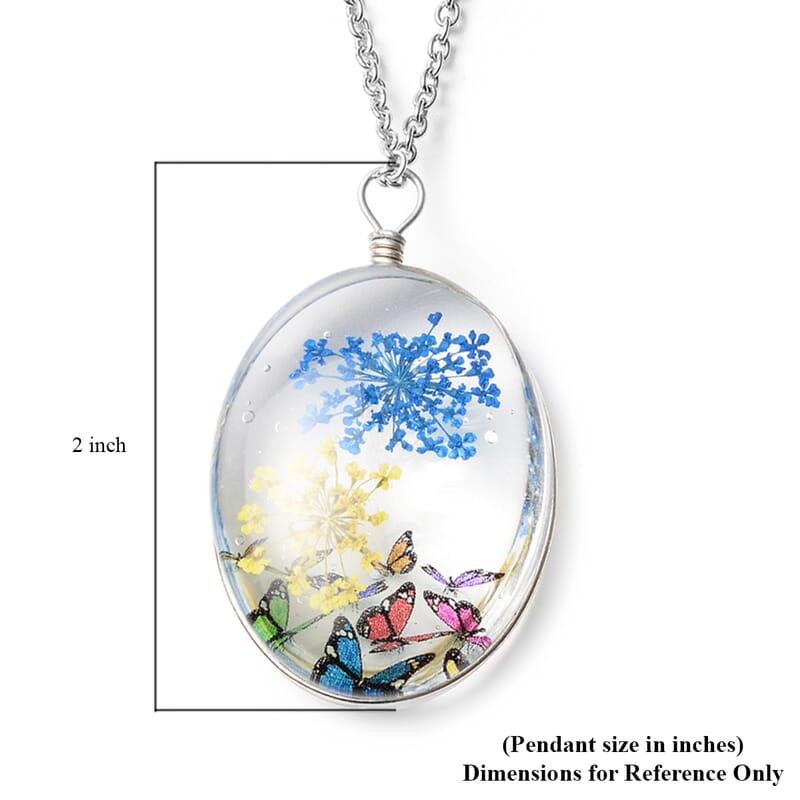 Set of 2 Pressed Flowers, Butterfly and Tree Pendant Necklace 24 Inches in Silvertone and Stainless Steel