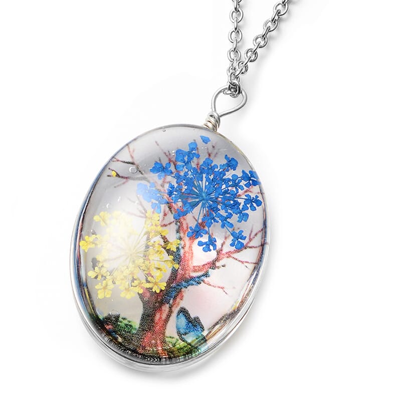 Set of 2 Pressed Flowers, Butterfly and Tree Pendant Necklace 24 Inches in Silvertone and Stainless Steel